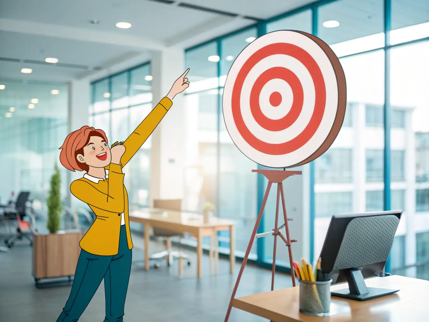 Ein motivierender Bildschirm mit einem Zielscheibe und einem Pfeil, der ins Ziel trifft, symbolisiert Zielerreichung.