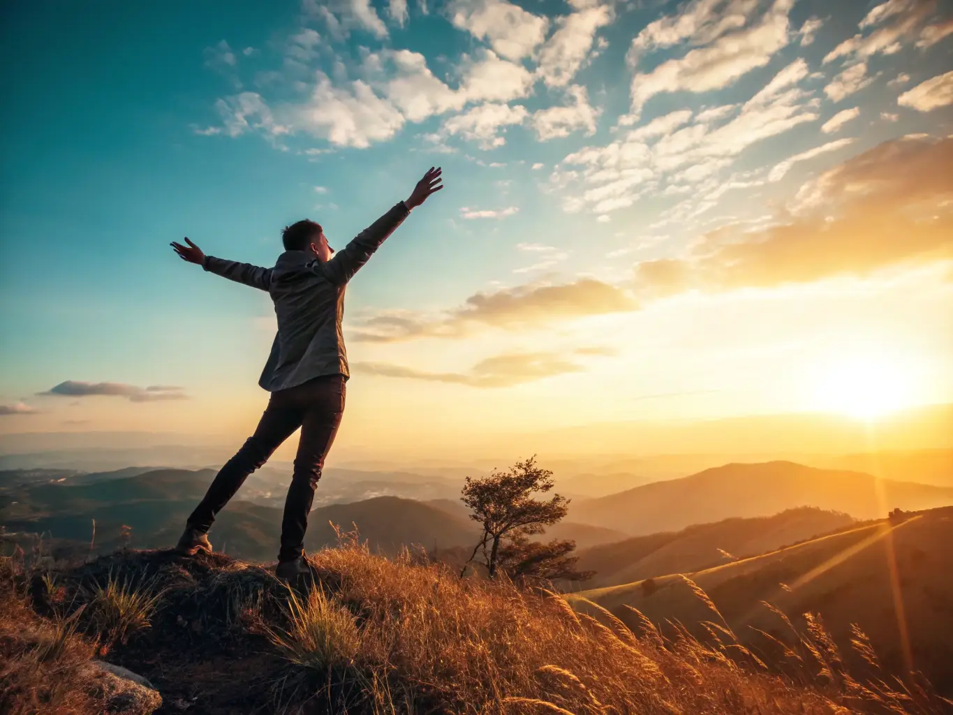 Ein inspirierendes Bild eines Menschen, der auf einem Berggipfel steht und in den Sonnenaufgang blickt, symbolisiert positive Einstellung und Erfolg.